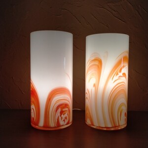 Set of 2 vintage white and orange glass table lamps, Vintage cylinder shape glass lamp, Murano table lamp from 1980s, Bedside lamp image 2