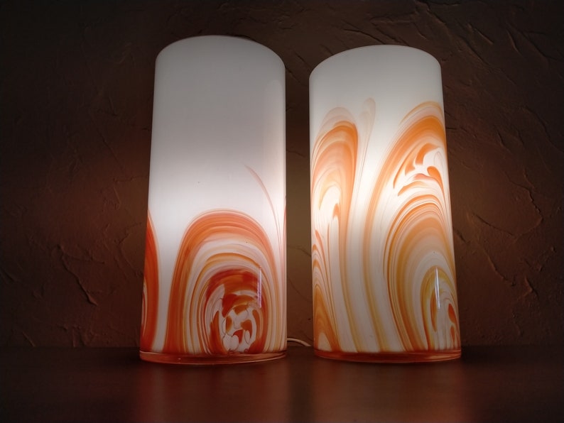 Set of 2 vintage white and orange glass table lamps, Vintage cylinder shape glass lamp, Murano table lamp from 1980s, Bedside lamp zdjęcie 7