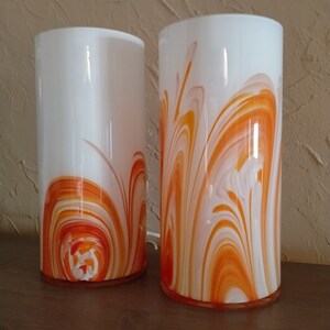 Set of 2 vintage white and orange glass table lamps, Vintage cylinder shape glass lamp, Murano table lamp from 1980s, Bedside lamp image 9