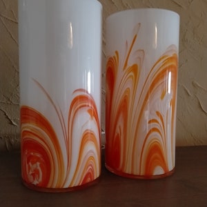 Set of 2 vintage white and orange glass table lamps, Vintage cylinder shape glass lamp, Murano table lamp from 1980s, Bedside lamp image 6