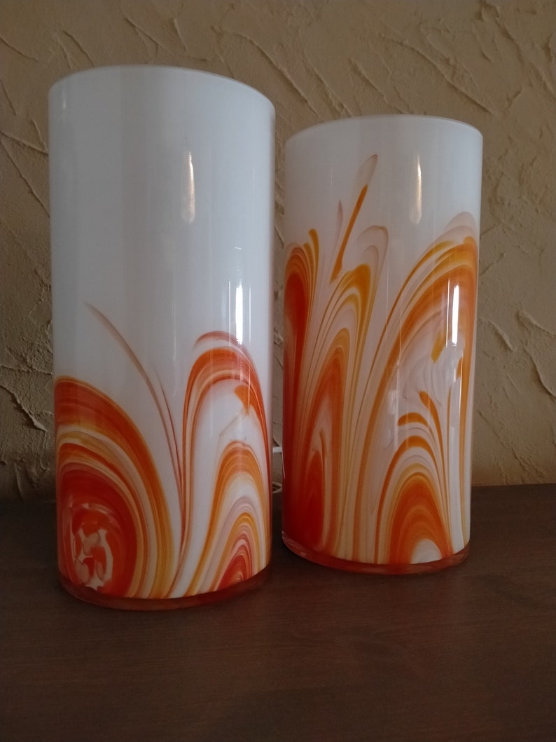 Set van 2 vintage witte en oranje glazen tafellampen, vintage cilindervormige glazen lamp, Murano tafellamp uit de jaren 80, bedlampje afbeelding 6