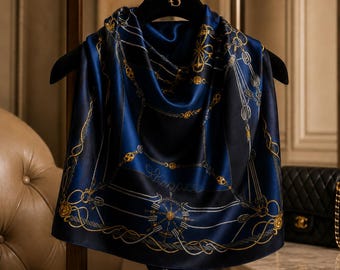 Navy Blue Silk Satin Scarf, Nautical Rope Anchor Print, Luxury Maritime Neck Wrap