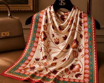 Blommig satinsilkesscarf, botanisk tulpanhalsduk, folkkonsthuvudduk