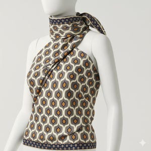 Peut inclure: Haut sans manches à motifs gris, blanc et orange, présenté sur un mannequin. Le haut présente un motif géométrique répétitif et une bordure bleu marine et or autour du cou et du bas. Le tissu est drapé pour créer un look élégant.