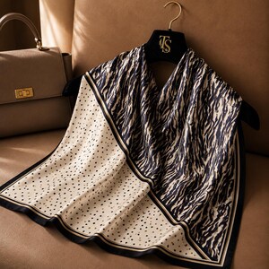 Neutral Zebra Print Satin Silk Scarf, Abstract Animal Square Head Scarf