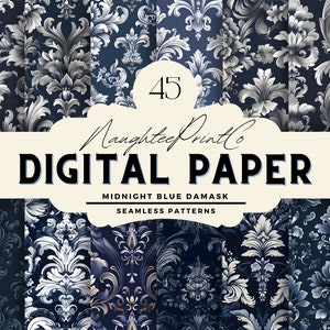 Midnight Blue Damask, Seamless Pattern, Scrapbook Paper, Textile Print, Printable Paper, Journal, 12"x12"