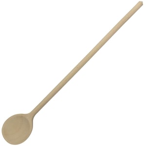 Könnte beinhalten: Ein Holzlöffel mit langem Stiel. Der Löffel ist hellbraun und hat eine abgerundete Form.