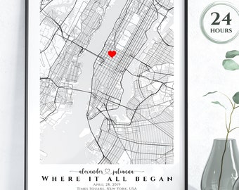 Custom where it all began map, Personalized first date map, Where we met map, First anniversary gift for couple, wife and husband