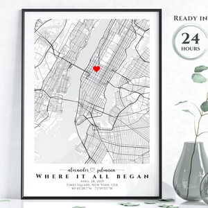 Mapa personalizado del lugar donde todo comenzó, mapa de coordenadas de latitud y longitud, impresión de ubicación para citas, mapa personalizado de aniversario de cumpleaños de relación