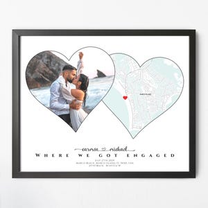 May include: A black and white photograph of a couple kissing on a beach is displayed in a heart shape on the left side of the image. A map of Marco Island, Florida is displayed in a heart shape on the right side of the image. The text "WHERE WE GOT ENGAGED" is displayed at the bottom of the image. The date "JULY 27TH 2024" and the location "MARCO BEACH, MARCO ISLAND, FL 34145, USA" are displayed below the text. The coordinates "25°55'58.6°N 81°45'76"W" are displayed below the location.