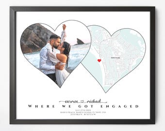 Engagement Gift for Couple Location, Framed Engagement Map Print, Engagement Photo Map Framed, Engagement Picture Map, Engaged Picture Frame