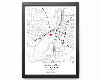 Engaged Map Print, Personalized Engagement Map Print Framed Engagement Anniversary Map Gift, Custom Engagement Gift for Couple Map