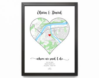 Where We Said I Do Map - Custom Wedding Map Print Framed, Gift for Newly Married Couple, Personalized Wedding Anniversary Map Gift