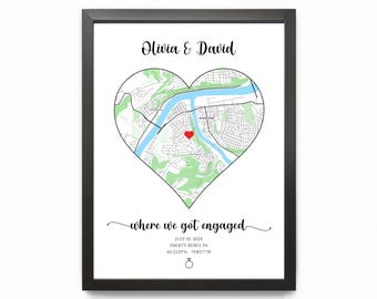 Where We Got Engaged Map Print, Personalized Engagement Map Print Framed Engagement Anniversary Map Gift, Custom Engagement Gift for Her Map