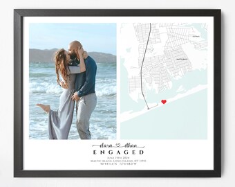 Engaged Picture Frame, Personalized Engagement Gift for Couple Unique, Engagement Photo Frame, Newly Engaged Gift, Engagement Map Print
