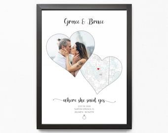 Son and Future Daughter in Law Engagement Gift from Parents, Engagement Map Photo Framed, Where She Said Yes Picture with Map Print Framed
