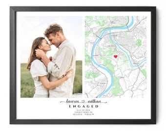 Engaged Map with Photo, Personalized Engagement Map Print Framed Engagement Anniversary Map Gift, Engagement Gift for Couple Map