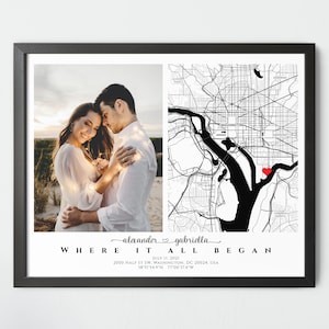 Impression de carte où tout a commencé - cadeau personnalisé avec photo, coordonnées personnalisées pour couple, lui ou elle dans un cadre