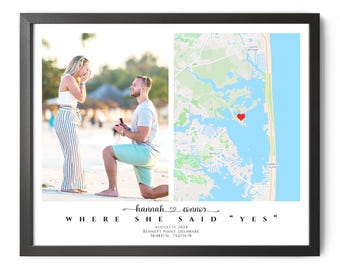 Where She Said Yes Map with Photo, Personalized Engagement Map Print Framed Engagement Anniversary Map Gift, Engagement Gift for Couple Map