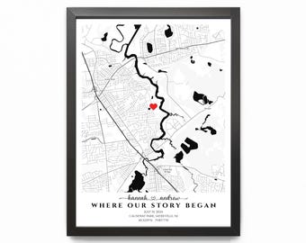 Custom Where It All Began map , Where We Met map, First Date map, Our first date map print framed, Engagement Anniversary Gift for Couple