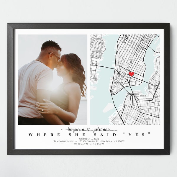 Where she said yes picture frame engagement gift for couple, Wedding anniversary gift, Custom location map, Framed gift with photo