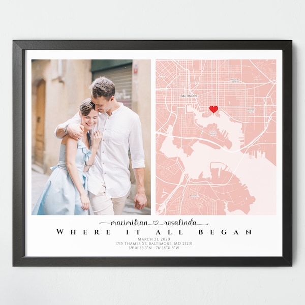Where It All Began Map with Photo, Relationship Gifts for Couple, Personalized Custom Coordinates Sign Print