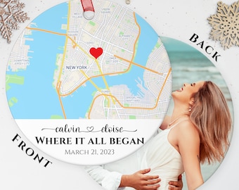 Where It All Began Ornament Christmas Personalized Couple, Engagement Ornament Map, She Said Yes Ornament, Where We Met Ornament with Photo