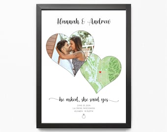 Fiancee Engagement Gift, Engagement Map with Frame and Photo, He Asked She Said Yes Picture and Map Print Frame Newly Engaged Woman Gift
