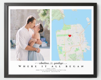 Where It All Began Map Sign Print with Photo, Engagement Gifts for Couple Unique, Fiancee, Him, Her, Future Wife, Future Husband, Women, Men