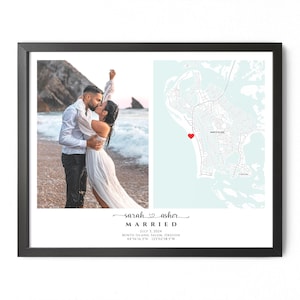 May include: A wedding photo collage featuring a couple kissing on a beach and a map of Minto Island, Salem, Oregon with a red heart marking their wedding location. The text "sarah asher MARRIED July 3, 2024 Minto Island, Salem, Oregon 44°56′16.3°N 123°02′58.5"W" is included.
