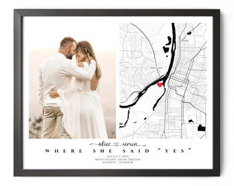 Where She Said Yes Map with Photo, Personalized Engagement Map Print Framed Engagement Anniversary Map Gift, Engagement Gift for Couple Map