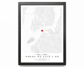 Where We Said I Do Map - Custom Wedding Map Print Framed, Gift for Newly Married Couple, Personalized Wedding Anniversary Map Gift