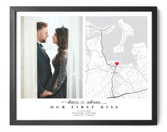 Our First Kiss Map Print Framed with Photo, One Year Dating Anniversary Map Gift, Personalized Relationship Map, Valentines Day Gift for Her
