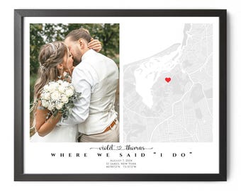 Where We Said I Do Map - Wedding Map Print Framed with Photo for Newly Married Couple, Personalized Wedding Anniversary Map Gift