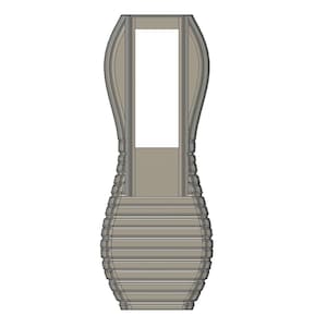 Pode incluir: Um vaso de cerâmica cinza com um design nervurado e uma abertura retangular no topo.