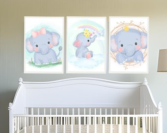 3-Piece Baby Elephant Art Printable Set for Baby Girl, Nursery Wall Art, Nursery Decor, Baby Girl, Printable Wall Art, Digital Download