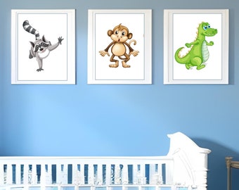 Animal Art Printable Set of 3 for a Boy Toddler , Monkey, Dinosaur, Raccoon, Printable Wall Art, Toddlers Room Decor, Wall Art