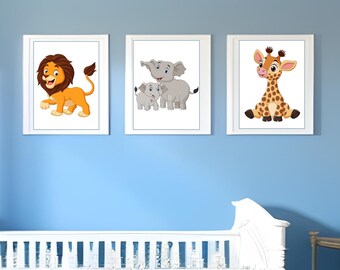 Set of 3 Baby Zoo Animal Digital Prints, Elephant Lion Giraffe Nursery Wall Art Decor, Kids Room, Baby Room Decor, Baby Shower Gift Idea