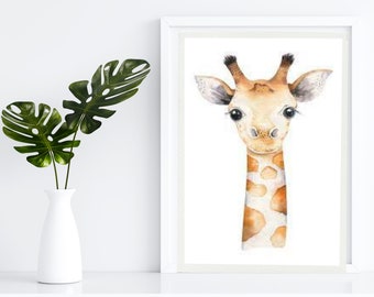 Watercolor Giraffe Portrait, Animal Art, Nursery Decor, Printable Wall Art, Digital Download, 8x10 Art Print, Wildlife Art