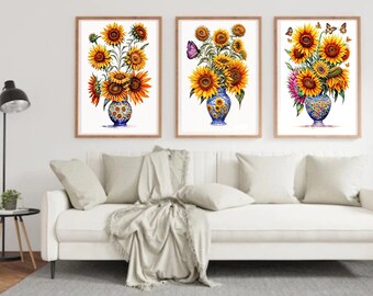 Sunflower Art Set of 3, Sunflower, Flower Art, Digital Download, Printable Art, Home Decor, Room Decor, Floral Print, High, Instant Download