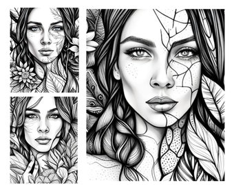 Bundle of Coloring Pages, Girl Portrait,  8 Adult Coloring Pages, Coloring Bundle, Coloring Page, Digital Download