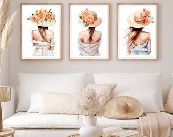 Boho Watercolor Art, Boho Woman, Botanical Wall Art, Set of 3, Girl Art, Female Portrait, Bohemian Print, Digital download, Boho Wall Decor