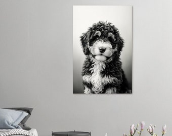 May include: A black and white photo of a fluffy dog with a white patch on its chest. The dog is looking directly at the camera with a sweet expression.