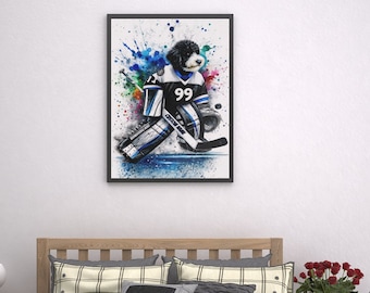 May include: A framed watercolor painting of a dog wearing a hockey goalie uniform with the number 99 on the jersey. The dog is holding a hockey stick and is surrounded by colorful paint splatters.