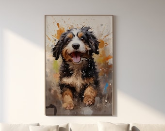 May include: A framed watercolor painting of a Bernese Mountain Dog. The dog is depicted with a happy expression, tongue out, against a backdrop of colorful paint splatters. The artwork is displayed above a modern sofa in a bright, airy living room.