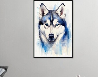 May include: Watercolor painting of a husky dog with blue eyes. The dog is looking directly at the viewer. The background is a light blue watercolor wash.
