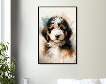 Bernedoodle Puppy Watercolor Art Print | Rainbowcore Dog Poster