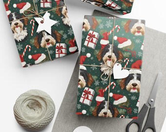 May include: Wrapped gifts with a festive green paper featuring a repeating pattern of a dog wearing a Santa hat, snowflakes, and candy canes. The gifts are tied with twine and adorned with white paper tags. A ball of twine and scissors are also present.