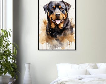 May include: A watercolor painting of a Rottweiler dog with brown and black fur. The dog is looking directly at the viewer with its tongue sticking out. The background is a light brown with watercolor splatters.