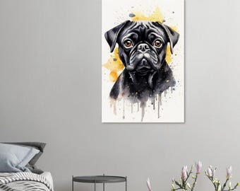 Black Pug Watercolor Art Print | Pug Canvas / Acrylic / Aluminum / Poster | Black Pug Lover Gift | Black Pug Wall Art